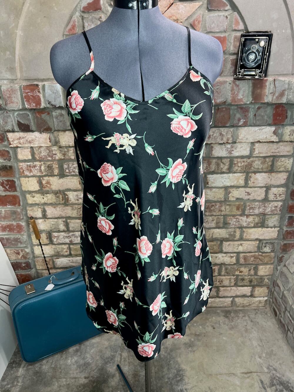 negligee nightgown satin floral roses cupid black pink green